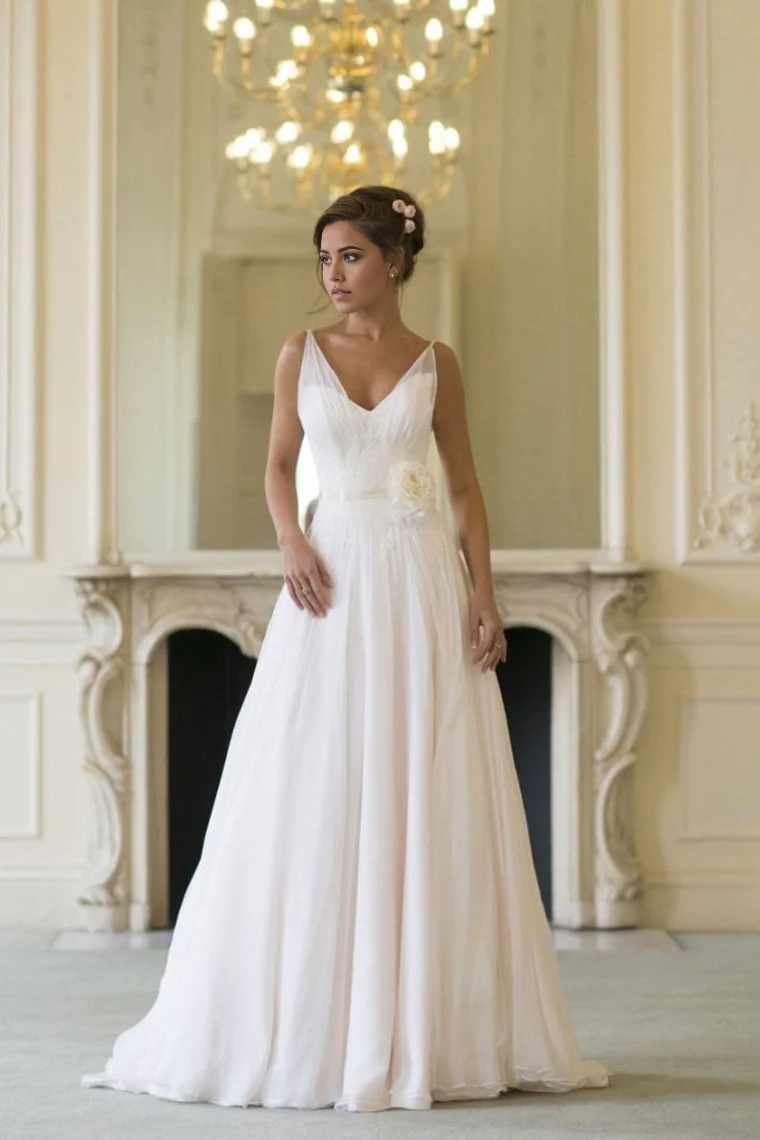 Vestido de novia de gasa sin mangas, largo hasta el suelo, con escote en V y corte A para playa